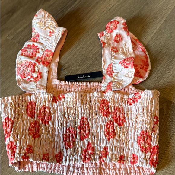 Lulus Womens Floral Smocked Crop Top Small Dusty Pink Gold Metallic Ruffle NEW - Picture 5 of 5